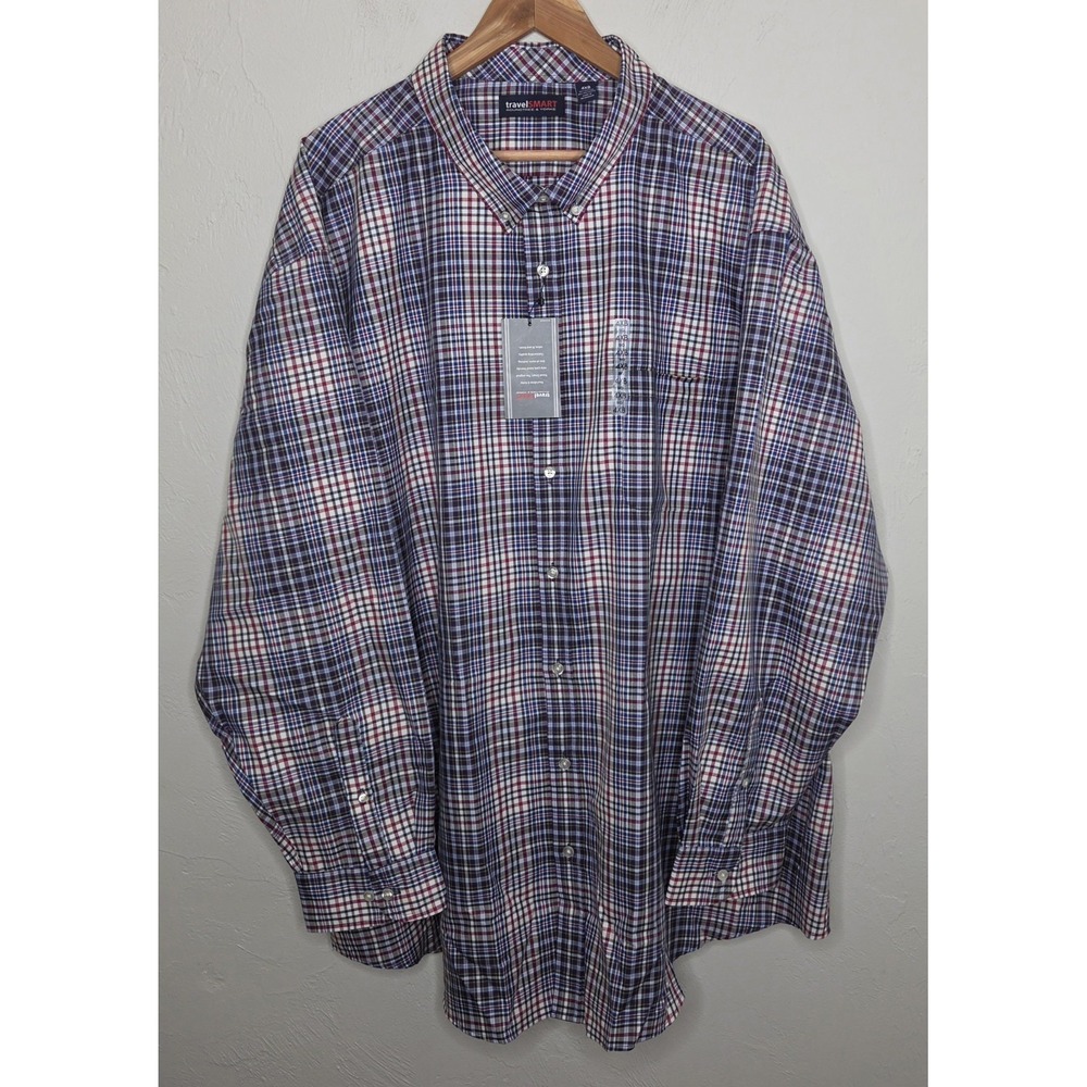 *NEW Roundtree & Yorke TravelSmart‎ Shirt Men's 4XB Plaid Long Sleeve Blue Red